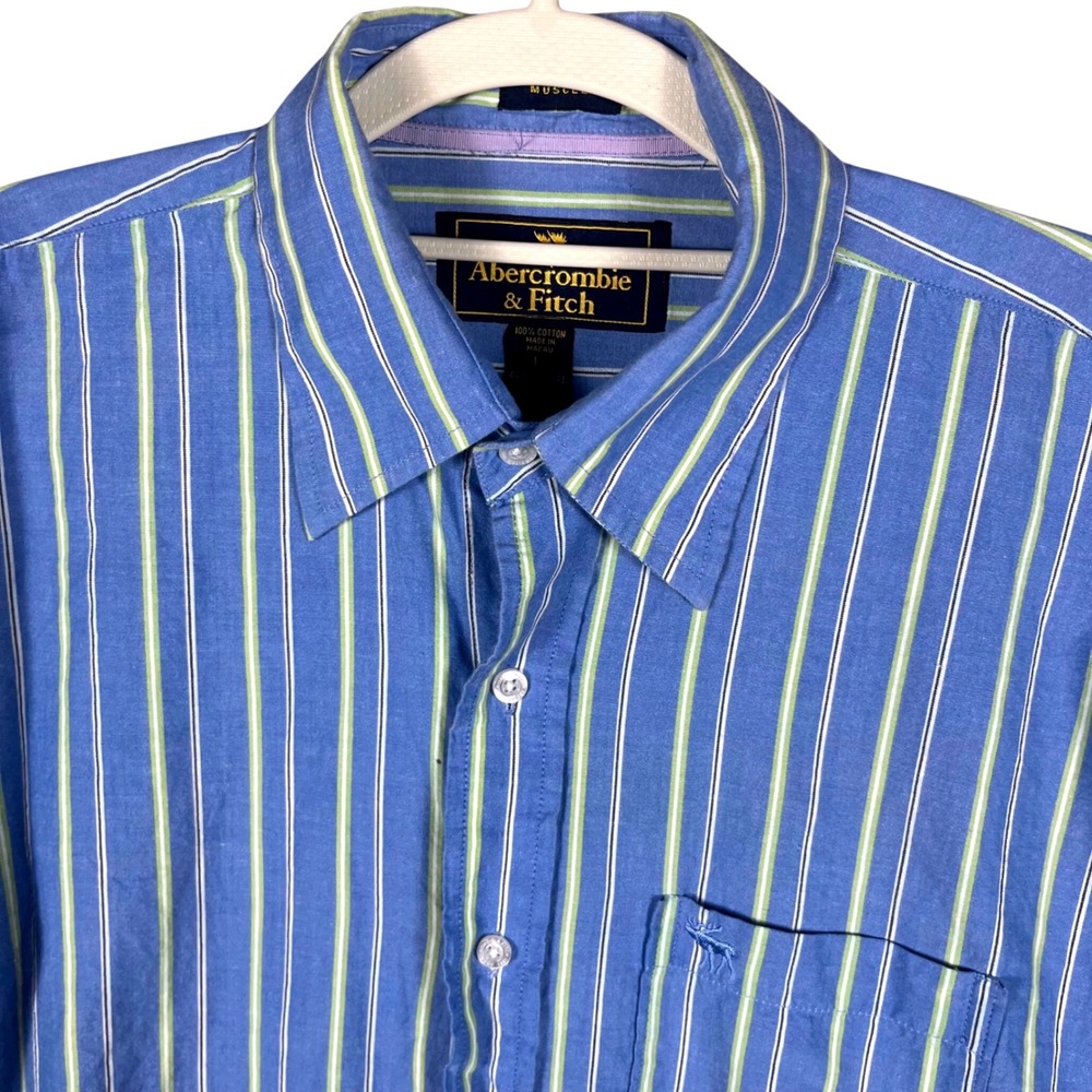 Abercrombie & Fitch Muscle Button Down Mens L Blue Green Striped Short Sleeve